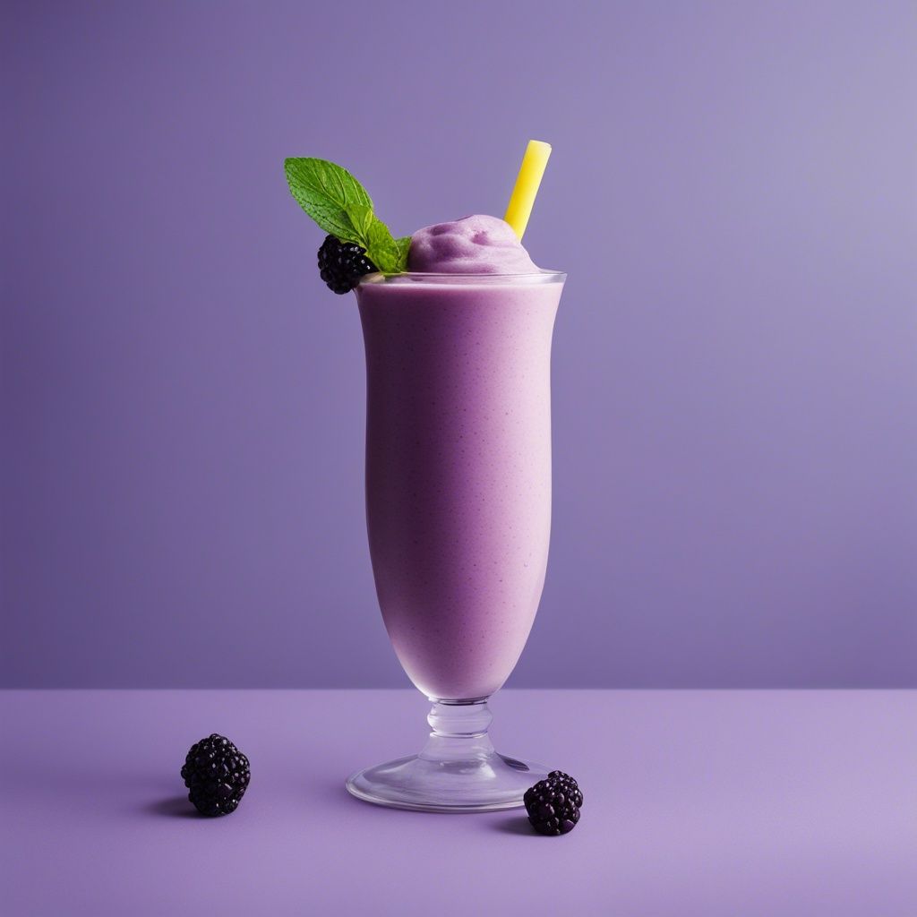 A rich and vibrant banana blackberry smoothie in a tall glass, garnished with fresh blackberries