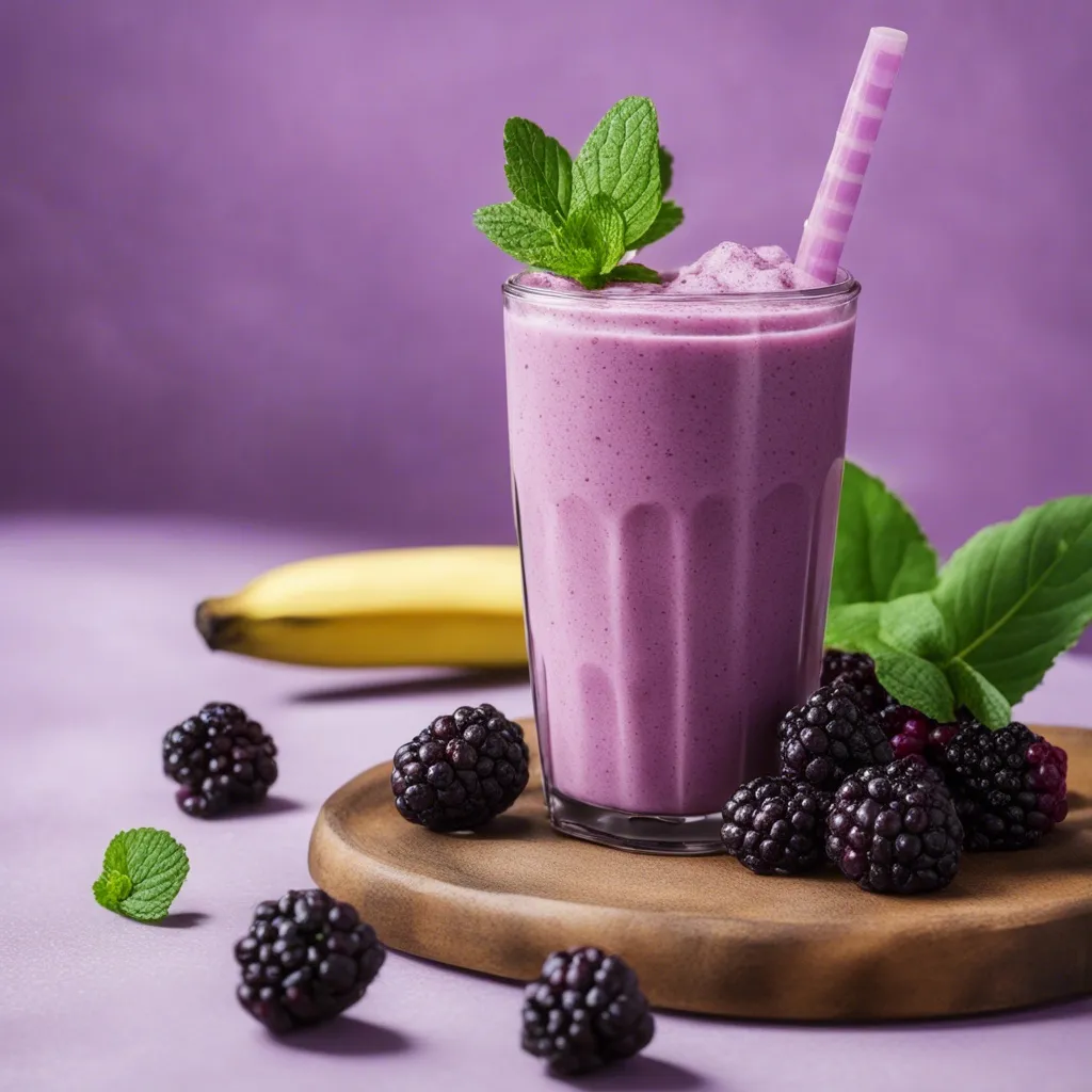 A smoothie with banana and blackberries garnished with mint on a wooden platter.