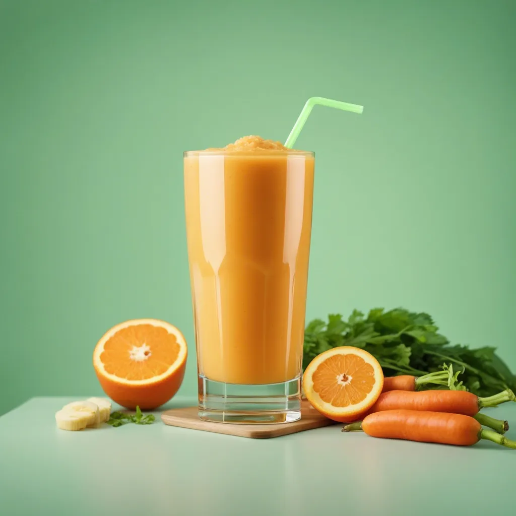 A vibrant orange smoothie in a glass, with oranges and carrots and bananas around the table it's on