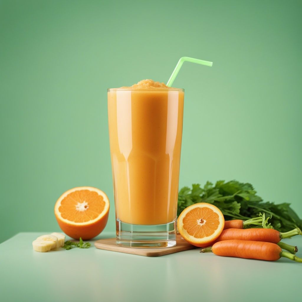 A vibrant orange smoothie in a glass, with oranges and carrots and bananas around the table it's on