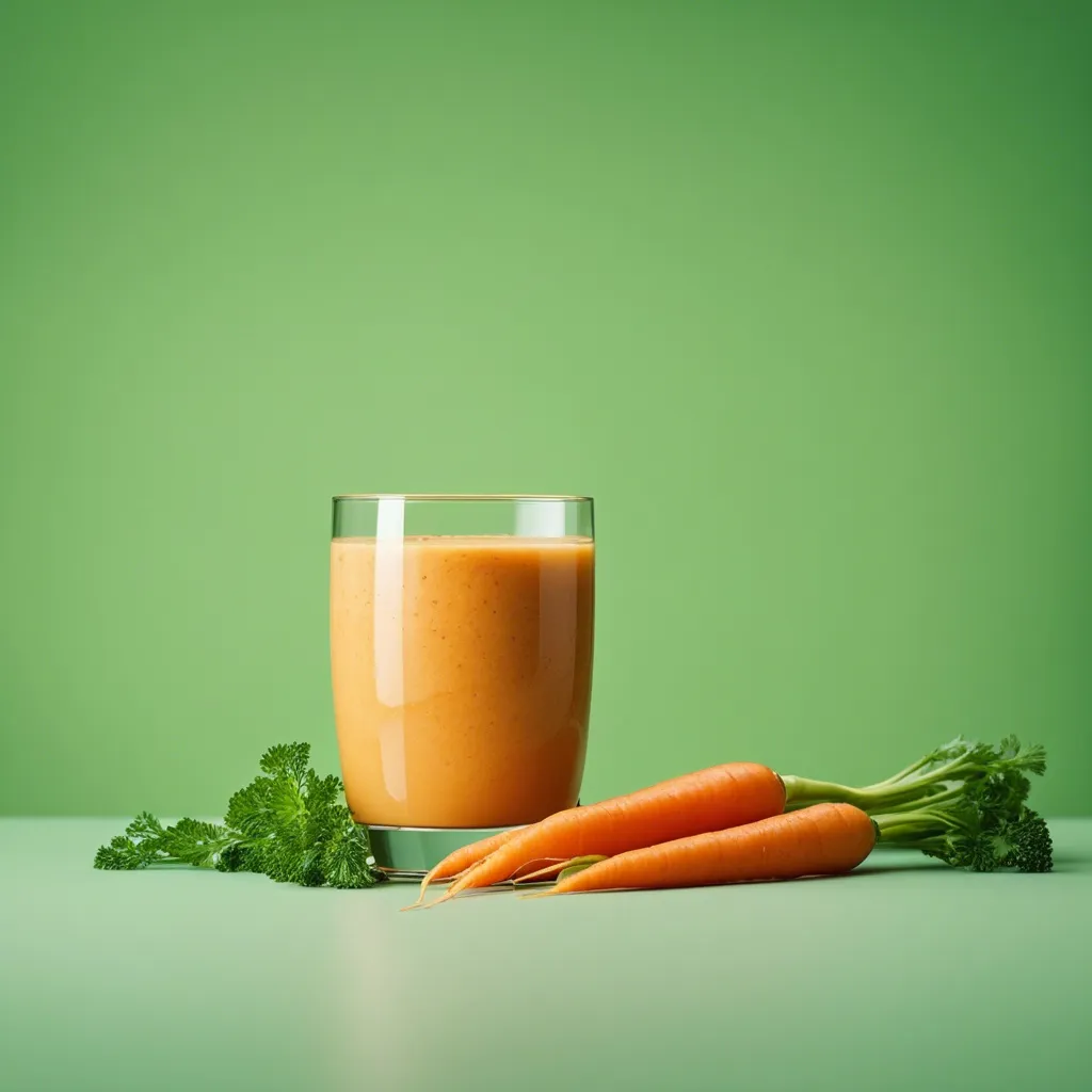 A glass of banana and carrot smoothie with a carrot and curly parsley on the table next to it.