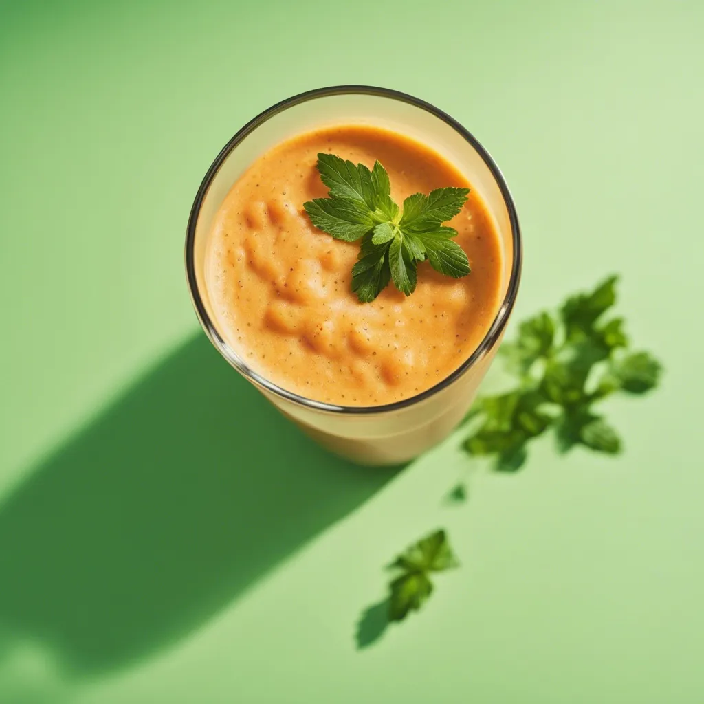 An overhead of shot of a Banana and Carrot Smoothie in a tall glass