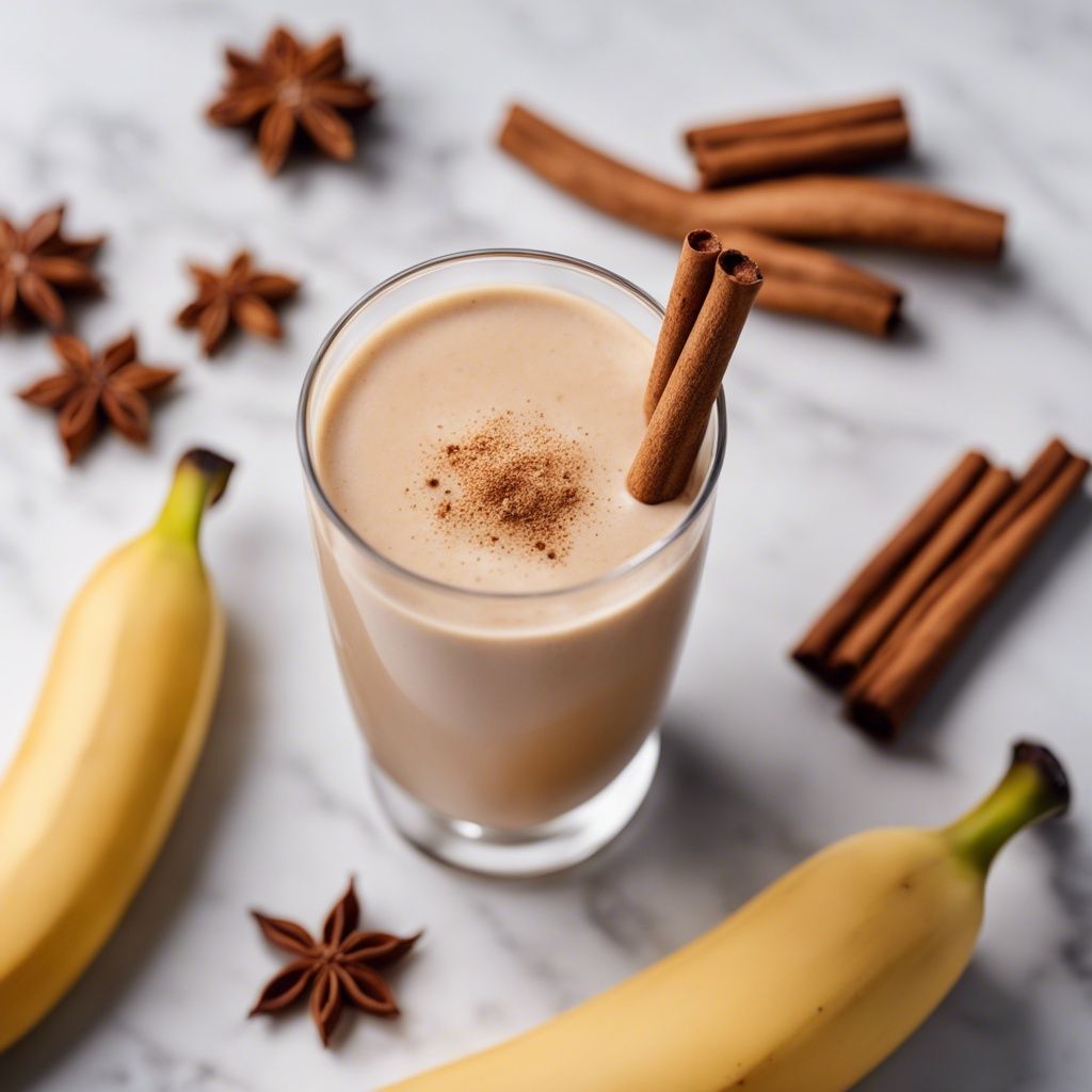 A glass of Banana Cinnamon Smoothie with a whole cinnamon stick and a sprinkle of cinnamon on top, surrounded by star anise and cinnamon sticks, with whole bananas in the background.