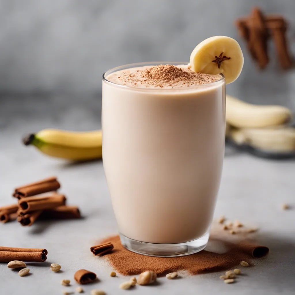 A glass of Banana Cinnamon Smoothie topped with a dusting of cinnamon and a banana slice on the rim, with whole bananas, cinnamon sticks, and scattered spices around it.