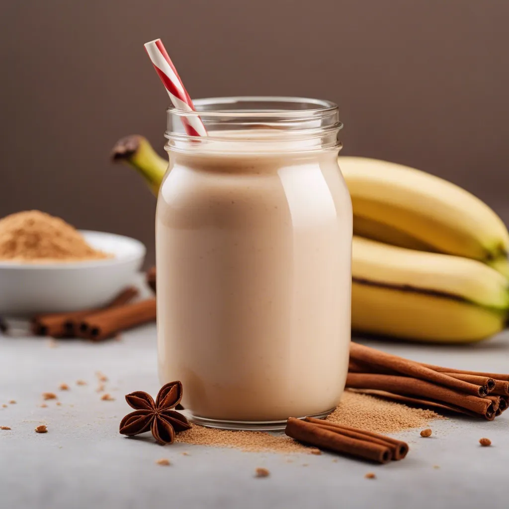 A mason jar filled with Banana Cinnamon Smoothie with a red-striped straw, next to whole bananas, a bowl of ground cinnamon, cinnamon sticks, and star anise scattered around.