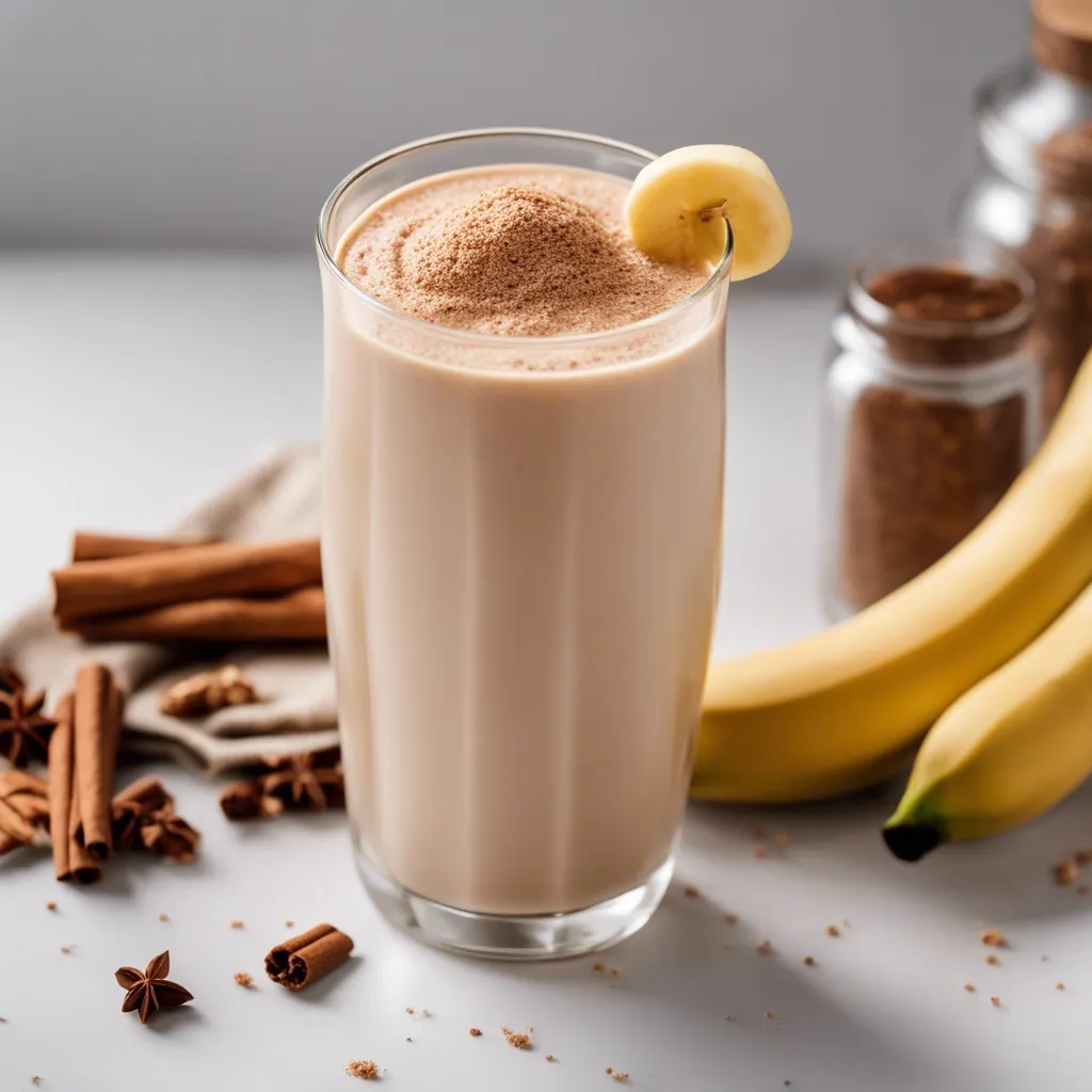 A glass of Banana Cinnamon Smoothie with a banana slice on the rim and a dusting of cinnamon on top, beside whole bananas, cinnamon sticks, and star anise, with jars of cinnamon in the background.