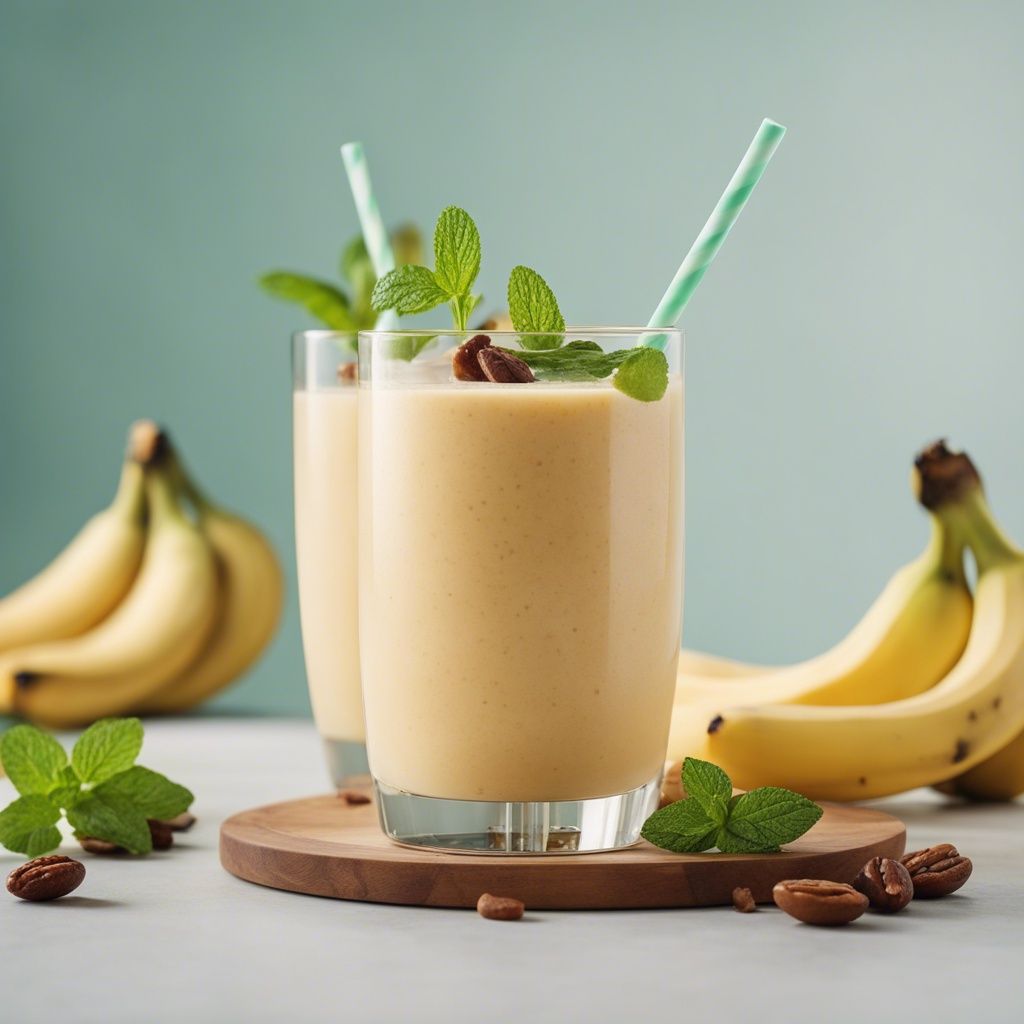 A glass of banana date smoothie with a straw and garnished with mint leaves and pecans, with bananas in the background on a wooden surface.