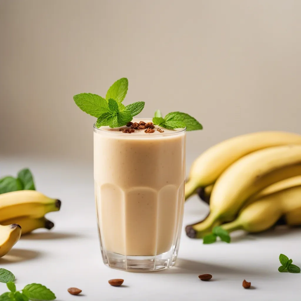 Banana date smoothie in a glass, topped with mint and granola, with bananas and mint leaves scattered around on a neutral background.