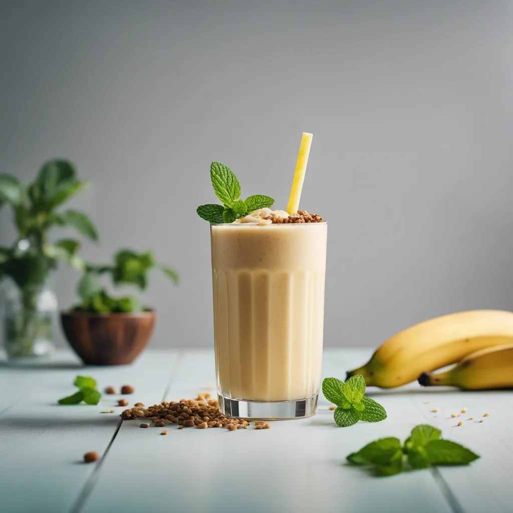 A glass of banana date smoothie with a yellow straw and topped with granola and mint, next to a bowl of granola and bananas on a light blue table.