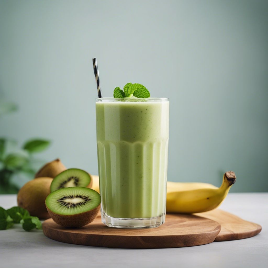 A delicious glass of Banana Kiwi Smoothie garnsihed with mint and served with a black and white straw - there is a halved kiwi next to the glass and a banana behind it.