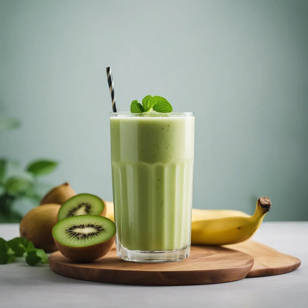 A delicious glass of Banana Kiwi Smoothie garnished with mint and served with a black and white straw - there is a halved kiwi next to the glass and a banana behind it.