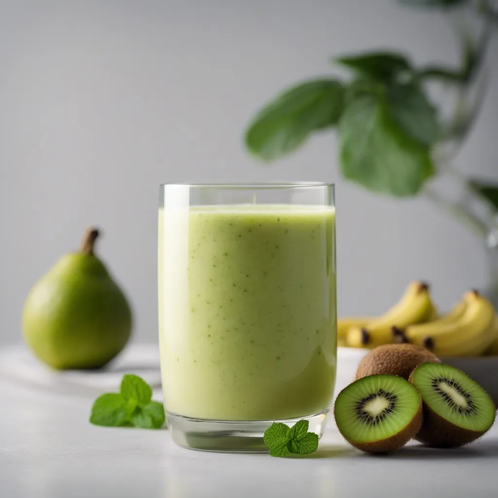 A small glass of Banana Kiwi Smoothie on a white kitchen counter. There are kiwis and mint leaves in the foreground of the photo and a pear and bananas in the background.