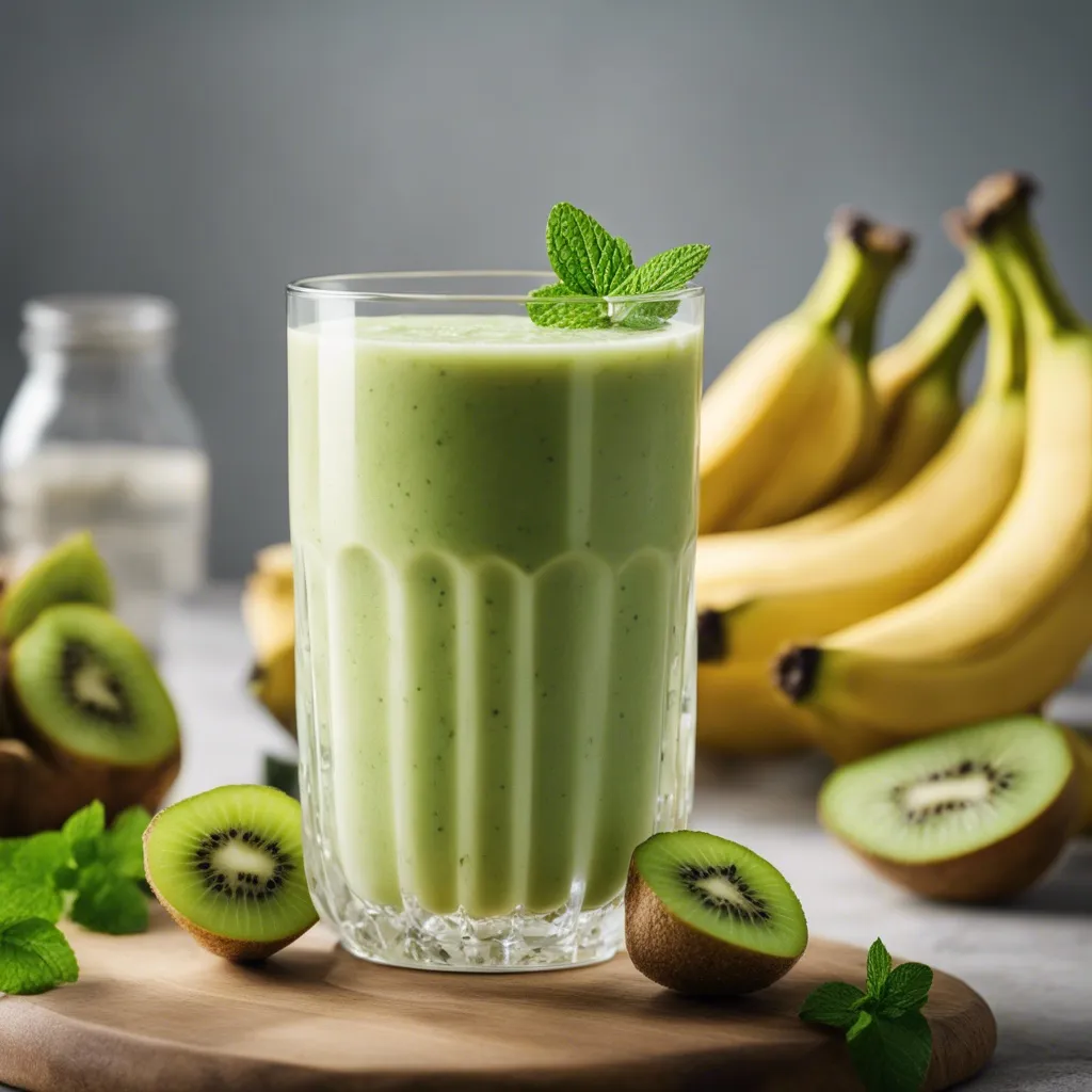 A delicious glass of Banana Kiwi Smoothie garnsihed with mint. There are bananas, kiwis and mint leave surrounding the smoothie, and it's ready to be served.