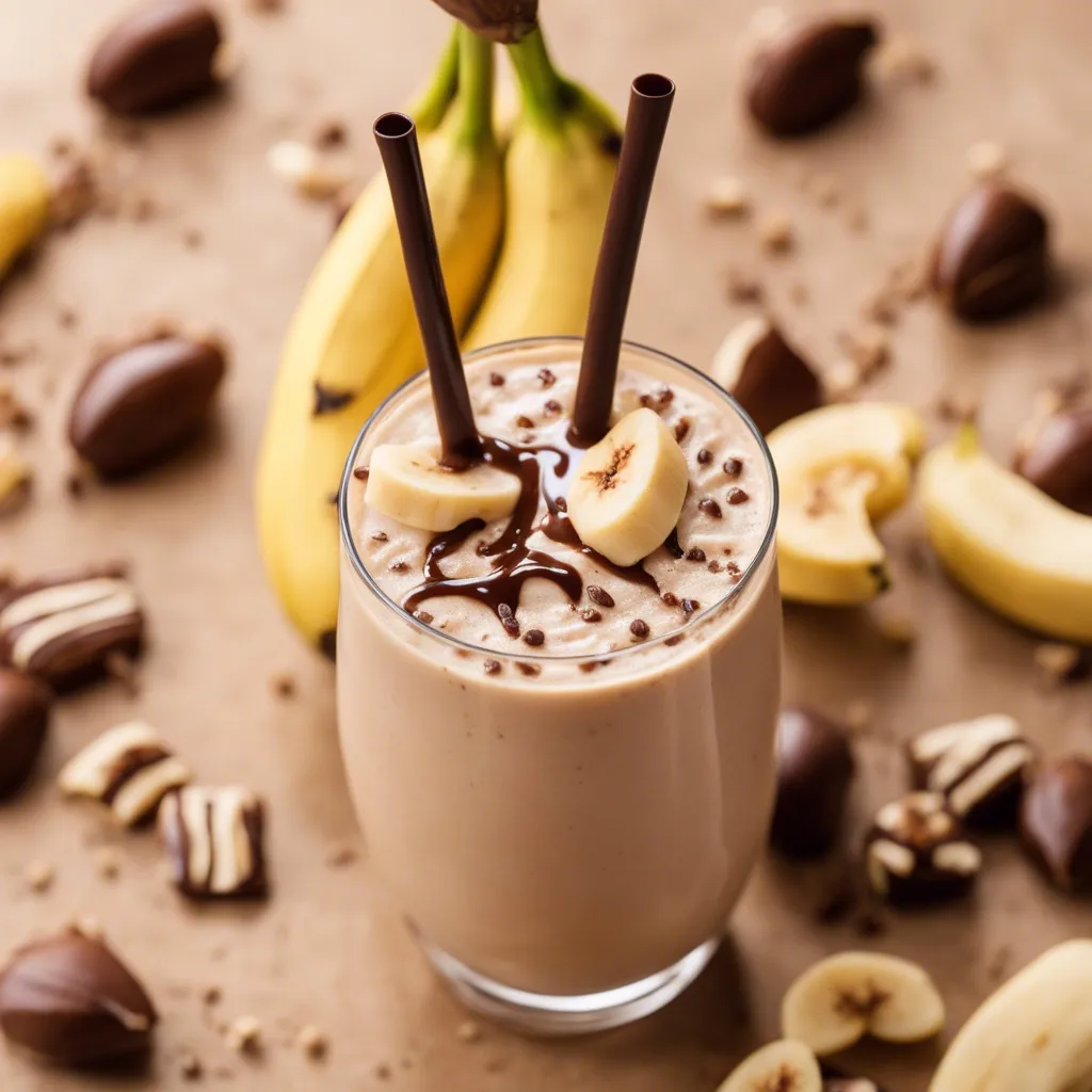 A creamy banana smoothie with Nutella, garnished with sliced bananas and a chocolate drizzle, accompanied by whole bananas and chocolate candies on the side