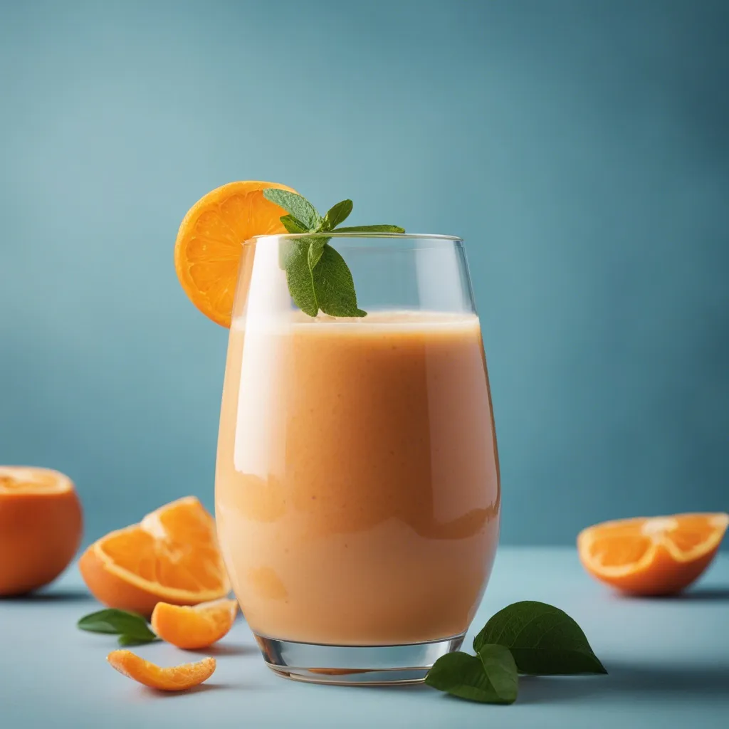 a close up of a banana and papaya smoothie with mint and orange as garnish