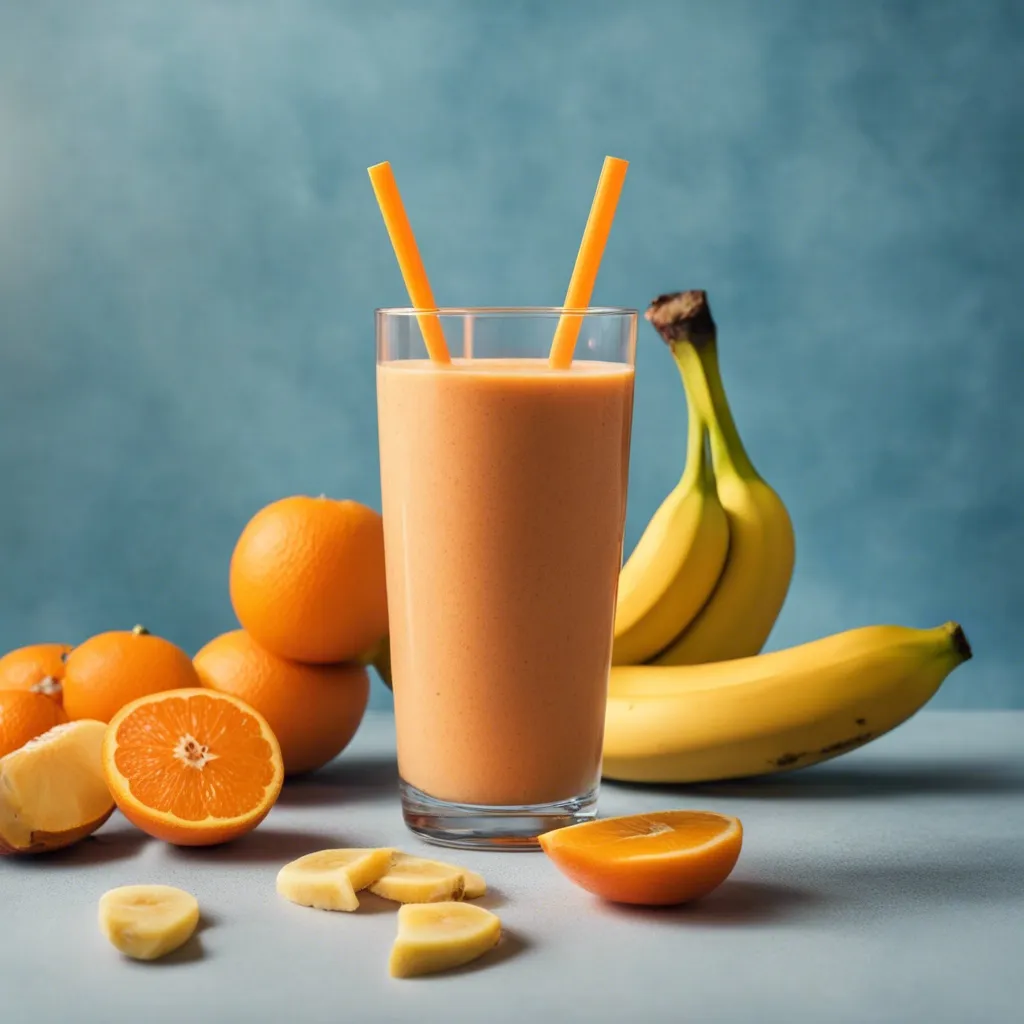 A glass of banana and papaya smoothie with two straw ins the glass