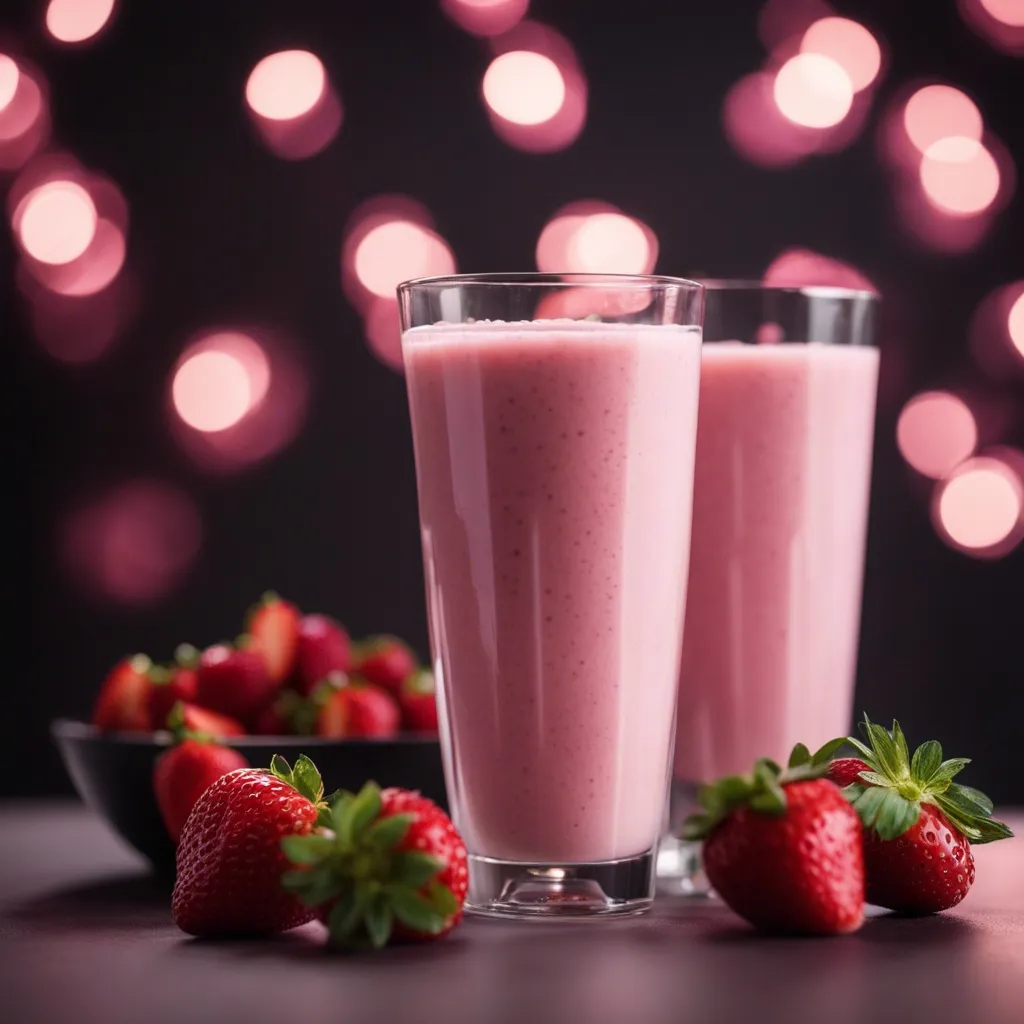 Two thick and creamy banana, peanut butter, and strawberry smoothies surrounded by fresh strawberries.