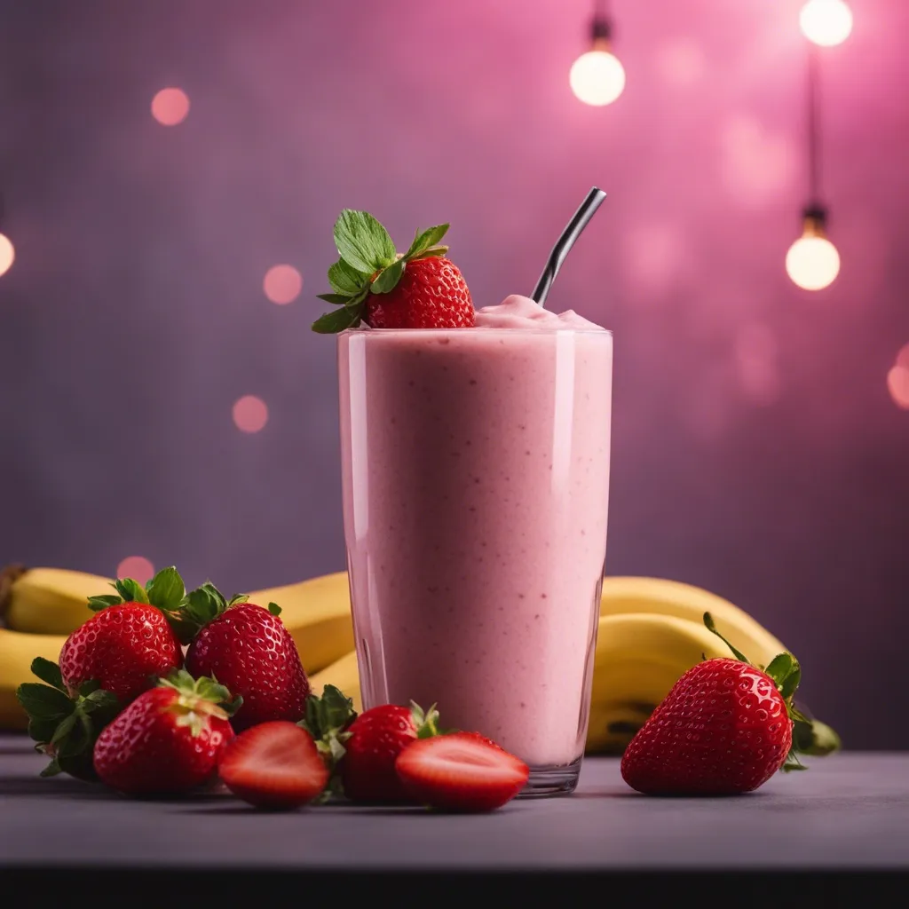 A creamy banana, peanut butter, and strawberry smoothie garnished with a whole strawberry and a black straw, and surrounded by more fresh strawberries and bananas.