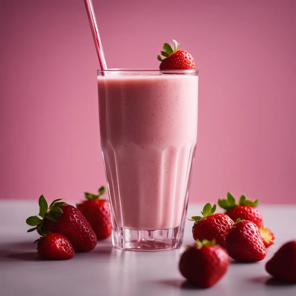 A banana, peanut butter, and strawberry smoothie with a metal straw garnished with a strawberry, and surrounded by more fresh strawberries.