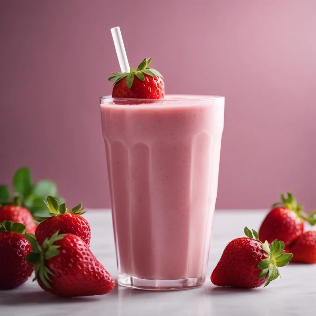 A creamy banana, peanut butter, and strawberry smoothies with a clear straw garnished with a fresh strawberry on a pink backdrop surrounded by more whole strawberries.