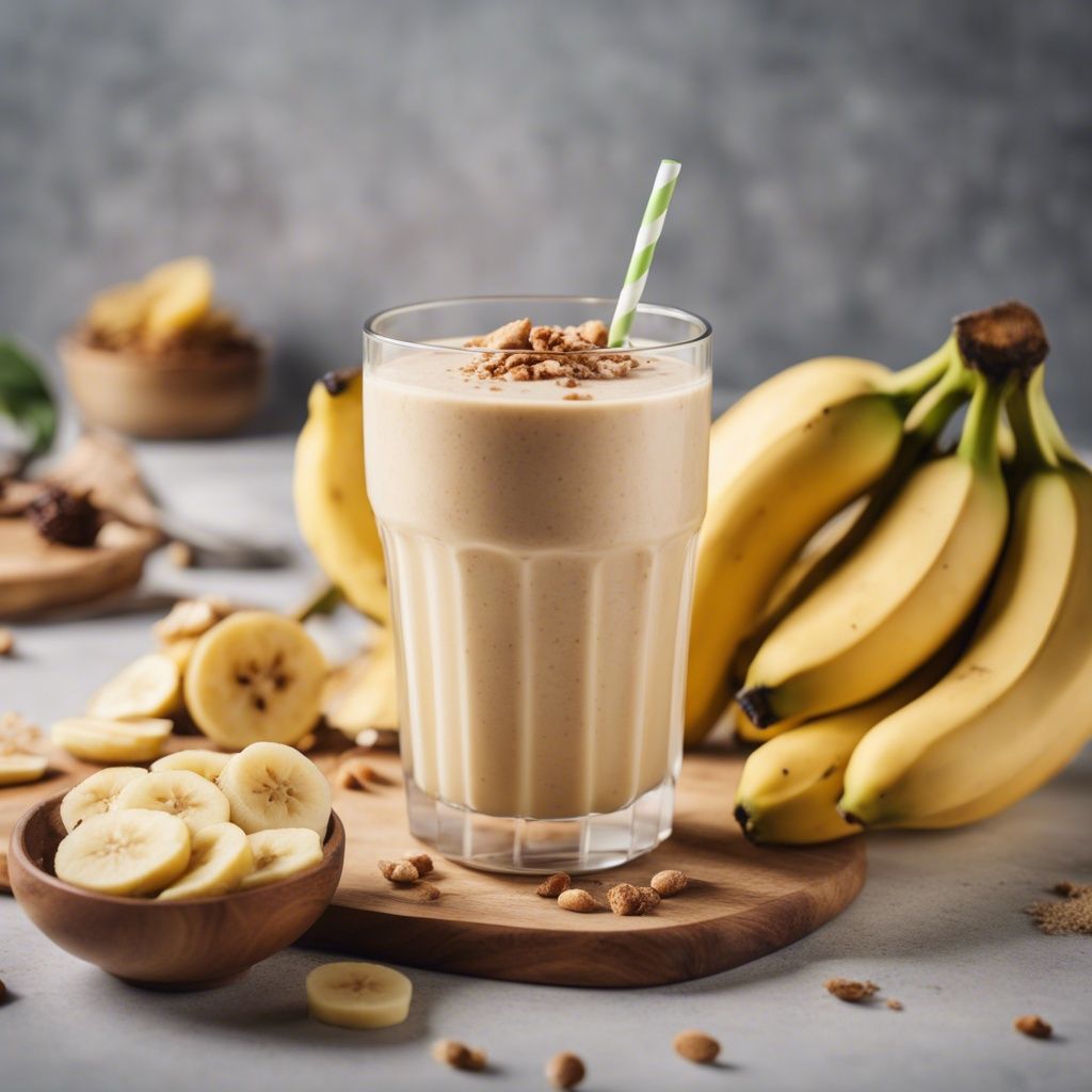 A thick and creamy Banana Protein Smoothie topped with crumbled cookies in a tall glass with a straw. The smoothie surrounded by a bunch of bananas and banana slices.
