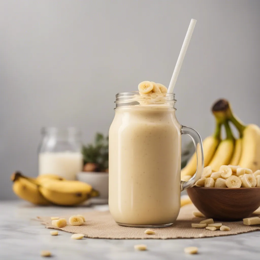 A delicious jar-like glass of Banana Protein Smoothie topped with sliced bananas and surrounded by a bunch of bananas and banana slices in a kitchen.