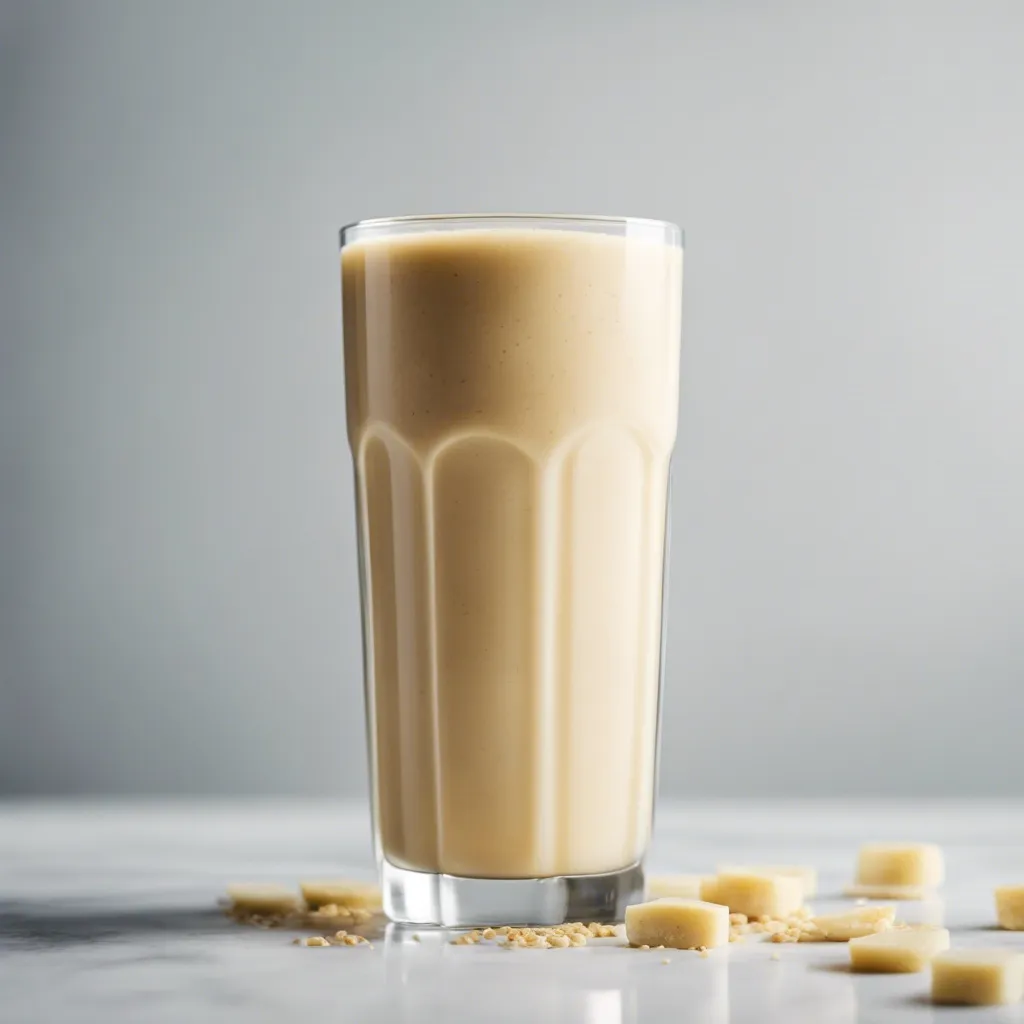 A tall glass of Banana Protein Smoothie in a very simple setting with a few banana slices and crumbled nuts scattered around the smoothie.