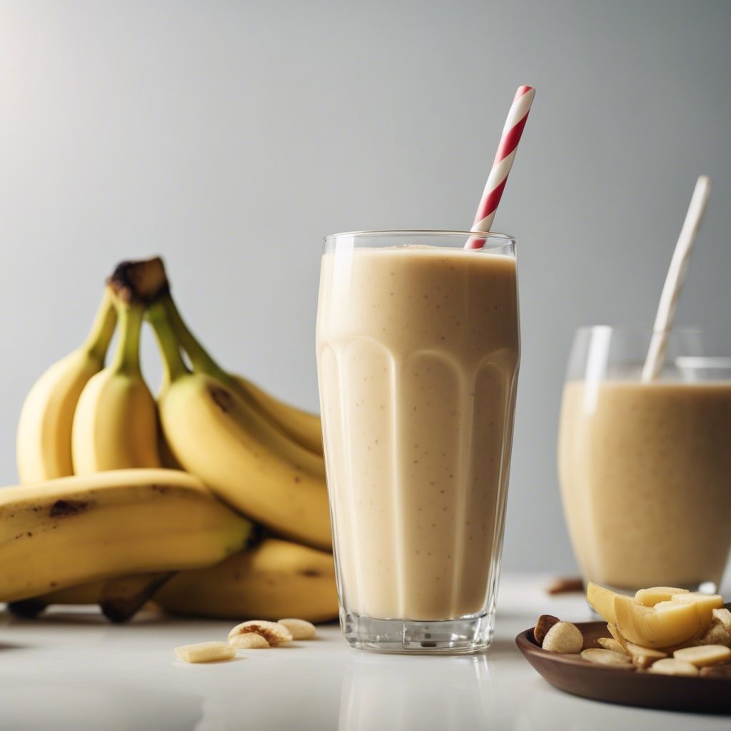 A delicious and creamy Banana smoothie in a glass with a pink and white straw and a bunch of bananas in the background.
