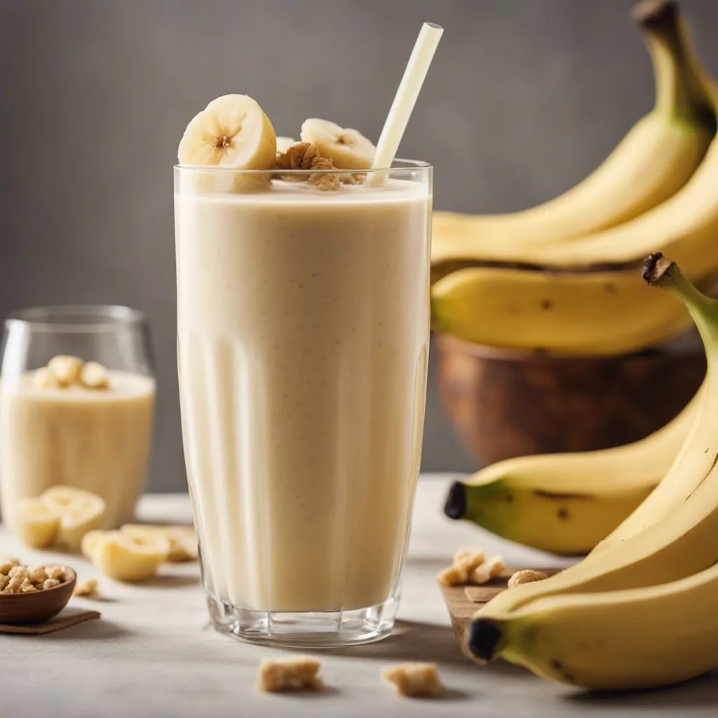 A delicious and creamy Banana smoothie in a glass, garnished with banana slices and granola, and surrounded by bananas,.