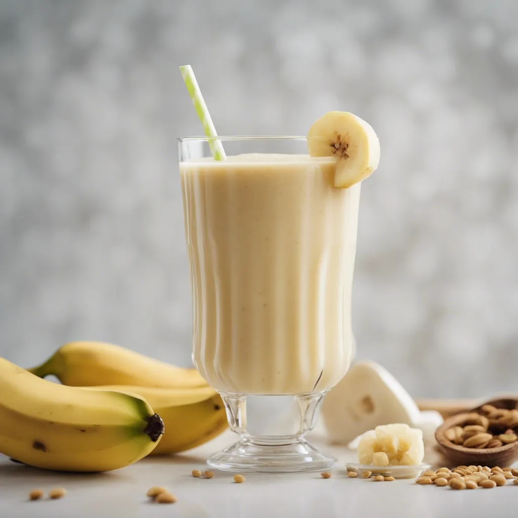 A glass of Banana smoothie in a glass in a very light setting surrounded by nuts and bananas and garnished with a banana slice.