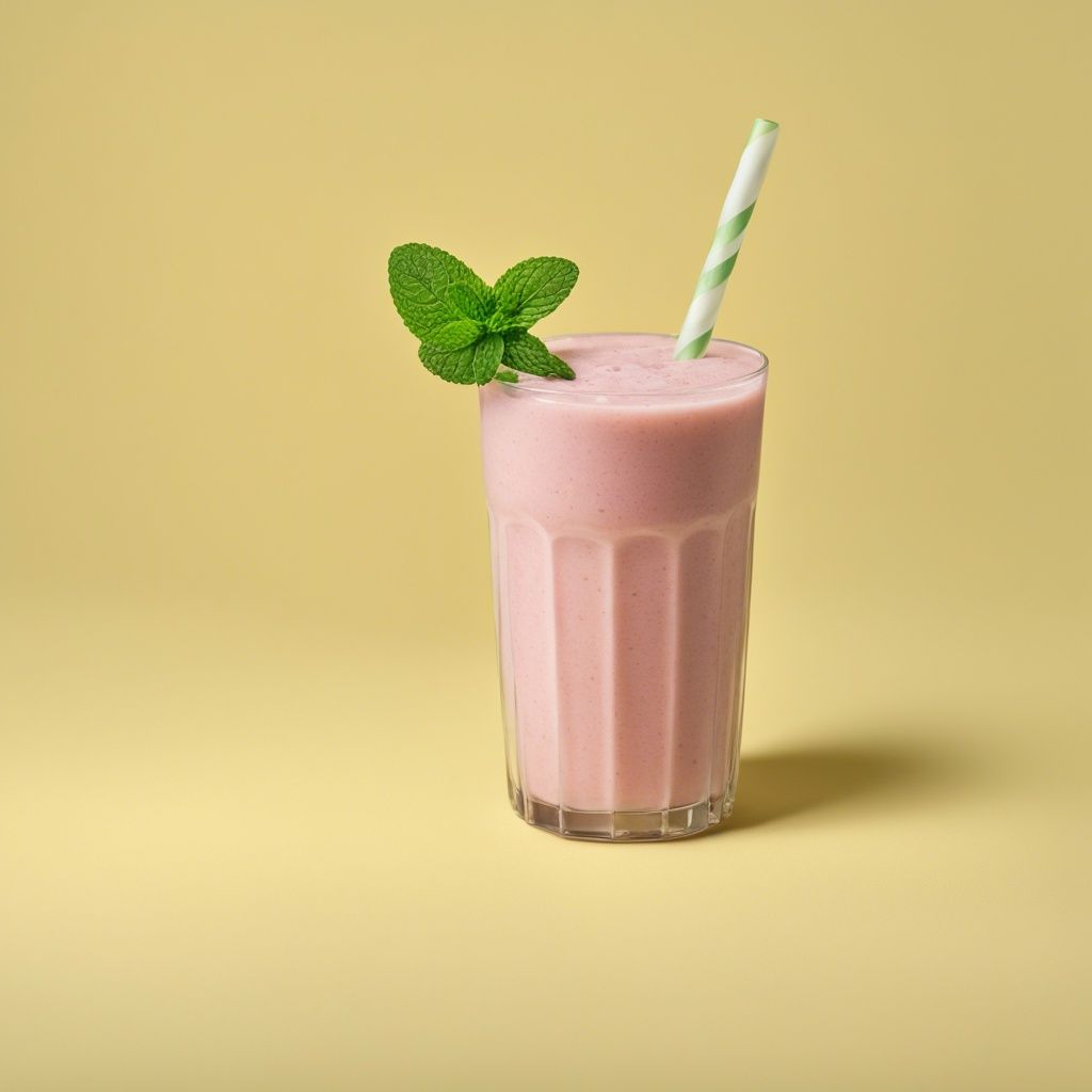 A vibrant banana watermelon smoothie served in a tall glass with mint garnish and a yellow background