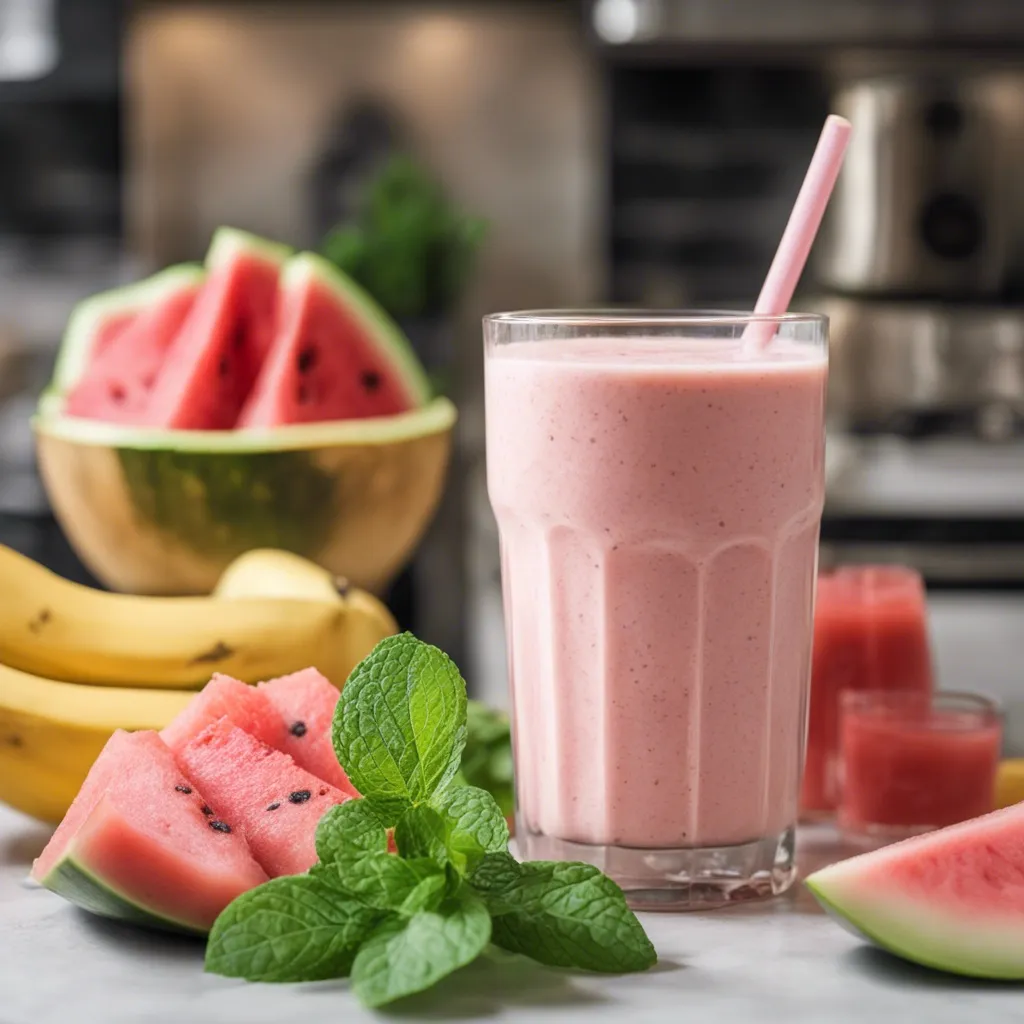 A glass of pink smoothie with a straw, surrounded by fresh ingredients including slices of watermelon, whole bananas, and mint leaves, on a kitchen counter with a blender in the background