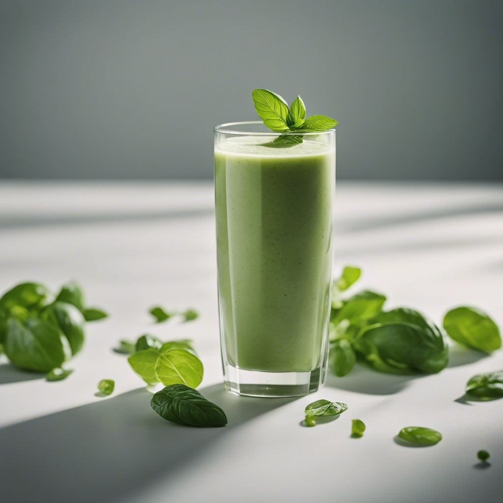 A smooth basil smoothie in a tall glass, garnished with a fresh basil leaf on top, surrounded by scattered basil leaves on a white table