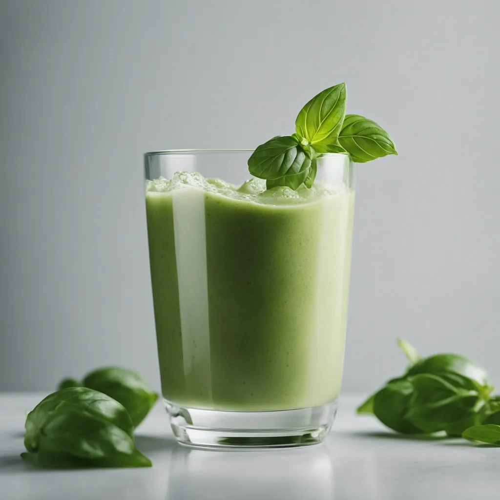 A creamy basil smoothie in a clear glass, topped with froth and a basil leaf, with whole basil leaves nearby on a white surface