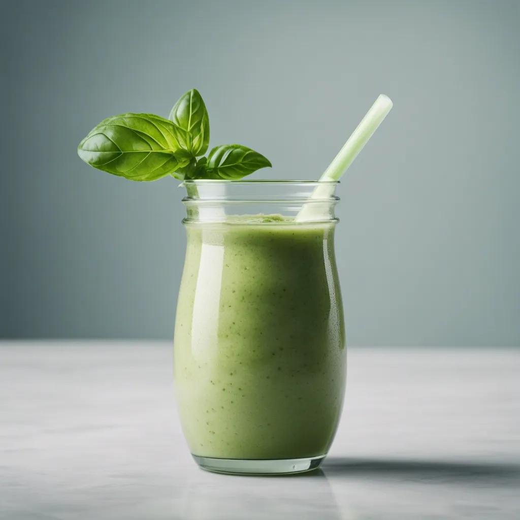 A fresh basil smoothie in a jar with a handle and straw, adorned with a basil leaf, set on a wooden platter with a backdrop of kitchenware and greenery