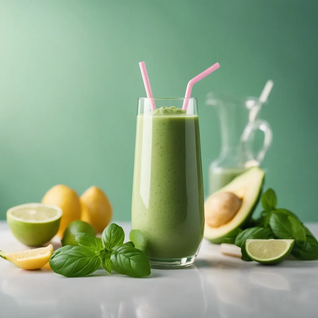 A refreshing basil smoothie in a tall glass with two pink straws, accompanied by basil leaves, avocado halves, and citrus fruits on a light green background