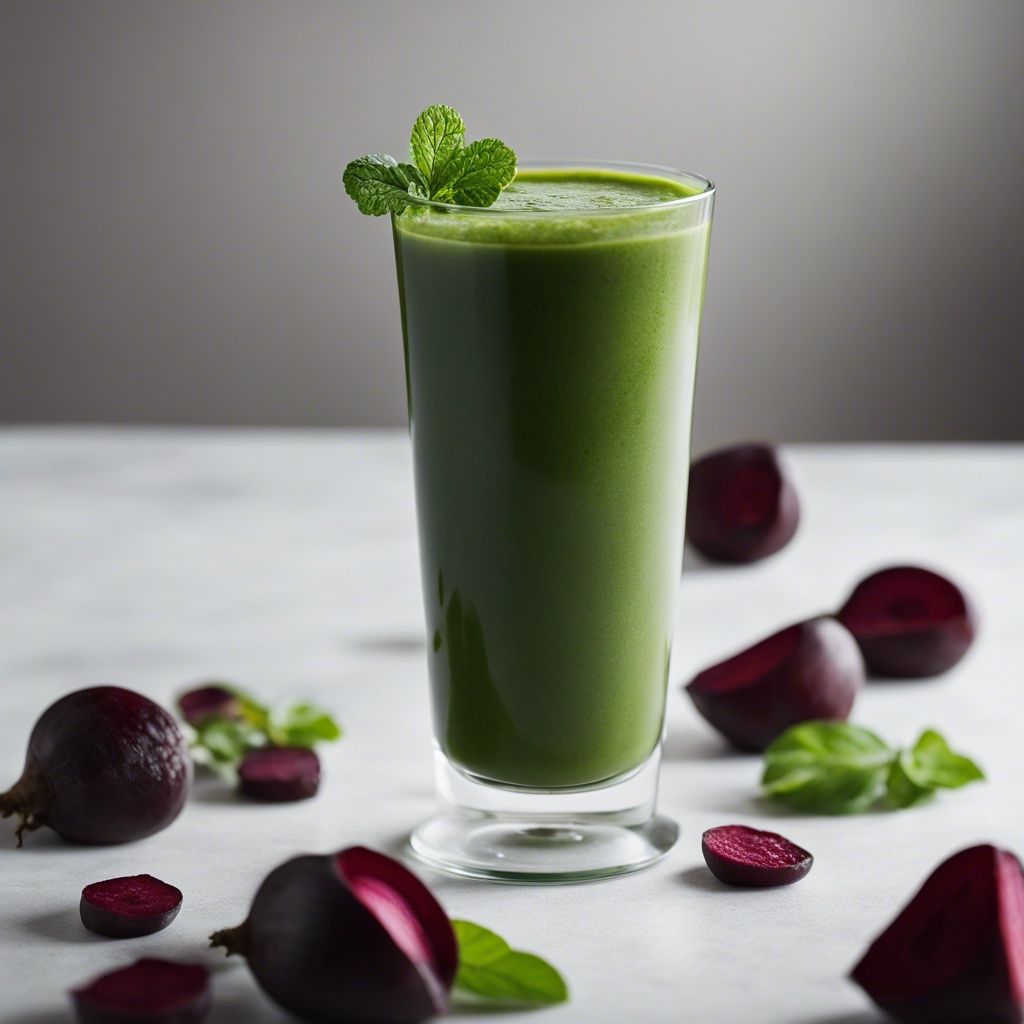 A rich beet green smoothie in a tall glass, topped with a sprig of mint, with halved beets and spinach leaves scattered around, showcasing a healthy and vibrant drink.