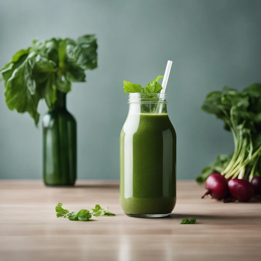 A nutritious beet green smoothie served in a mason jar with a white straw, garnished with a leaf of mint, placed on a wooden table with fresh beets and greenery in the background, perfect for a health-conscious lifestyle.