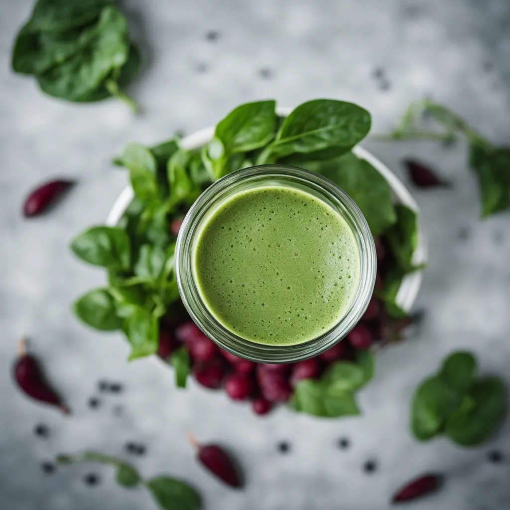 A freshly blended beet green smoothie, viewed from above in a glass surrounded by a ring of spinach leaves and beet slices, emphasizing the wholesome ingredients of the beverage.