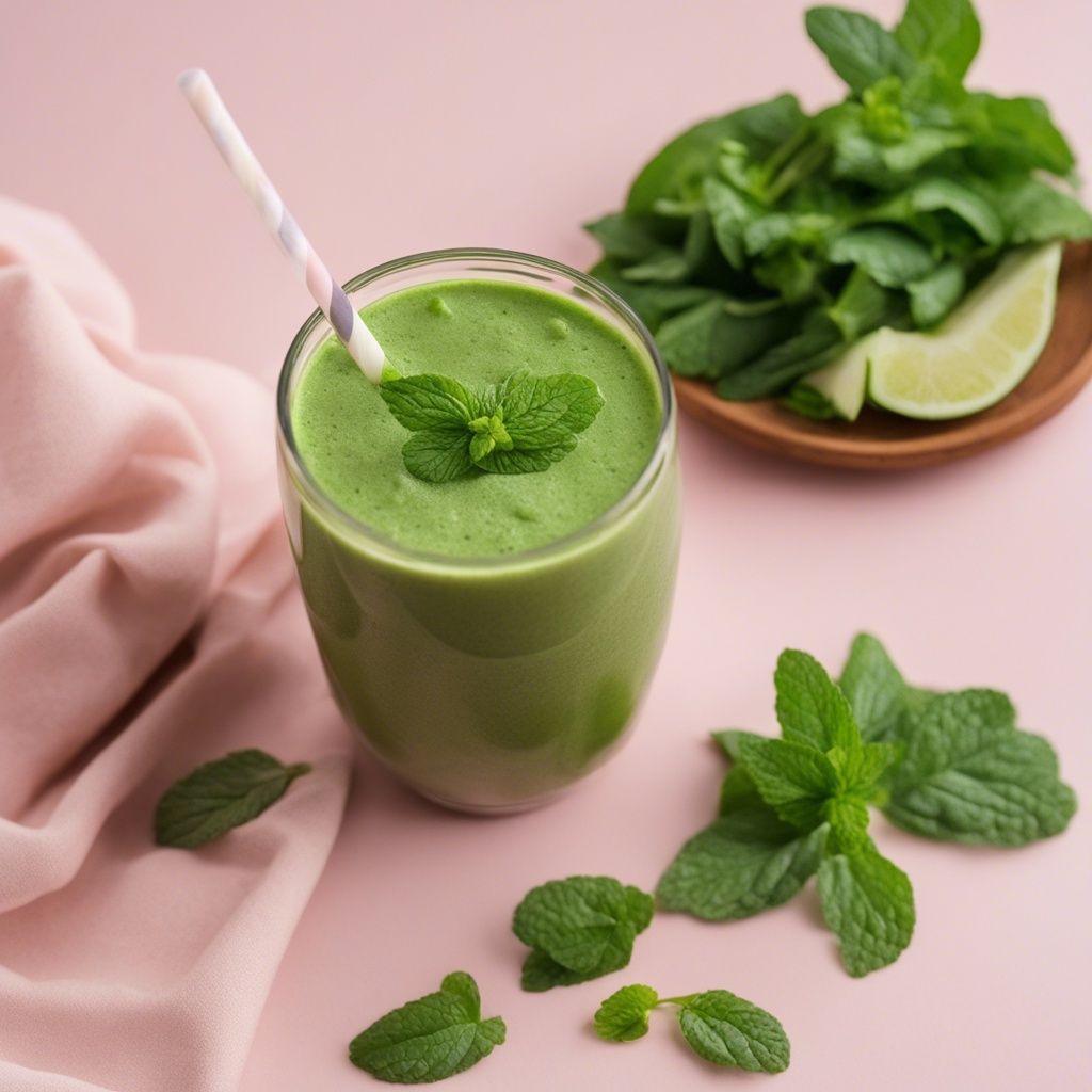 A vibrant beet greens smoothie in a tall glass with a straw and mint garnish