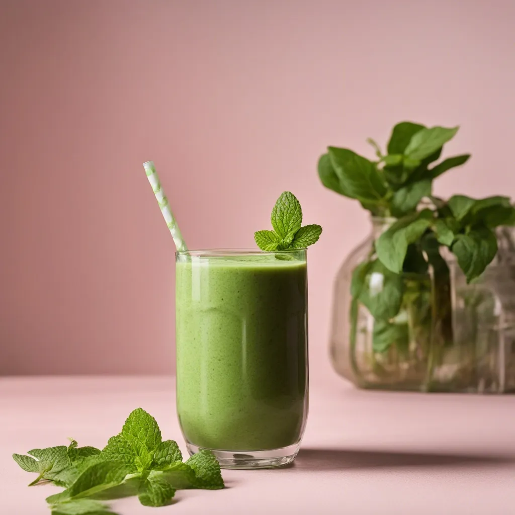 a glass of beet greens smoothie with mint as a garnish and a green and white striped straw