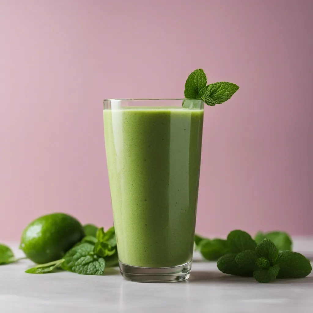 close up of a glass of beet greens smoothie with mint as garnish