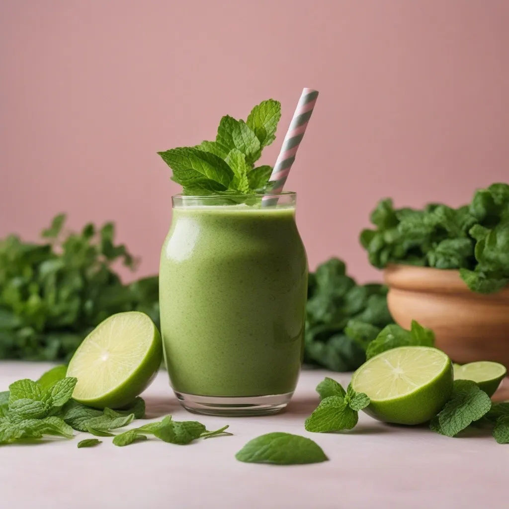 a Beet greens smoothie in a jar shaped glass with a straw and mint for garnish