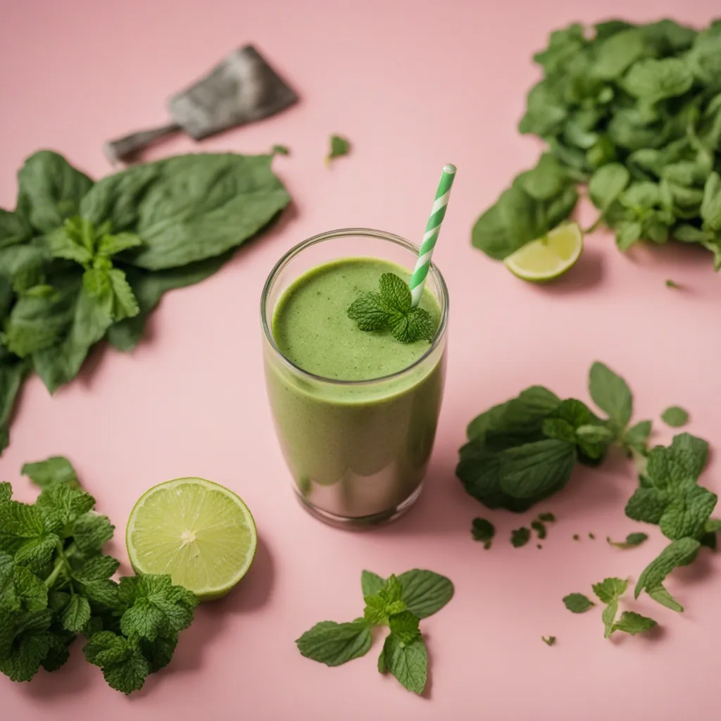 over head shot of a Beet greens smoothie served in a glass with a straw