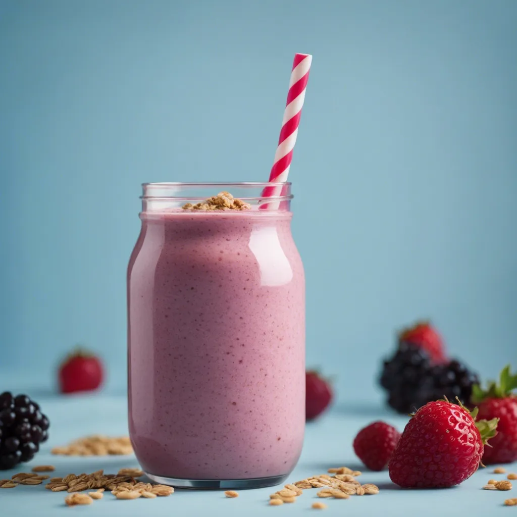 A delicious and vibrant berry oat tropical smoothie with a candy-cane straw with berries and oats scattered in the background