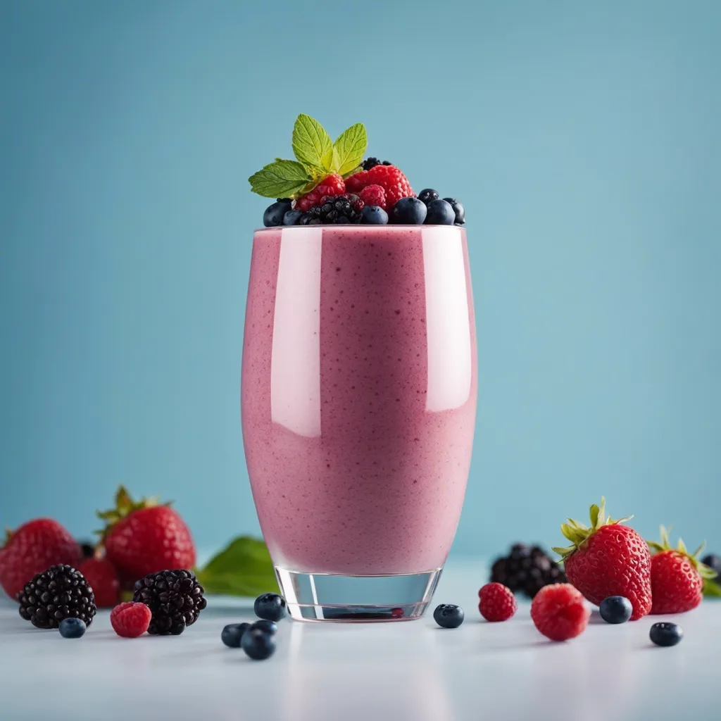 A tall glass of berry oat tropical smoothie garnished with fresh berries and mint and surrounded by more berries, including strawberries, blackberries and blueberries