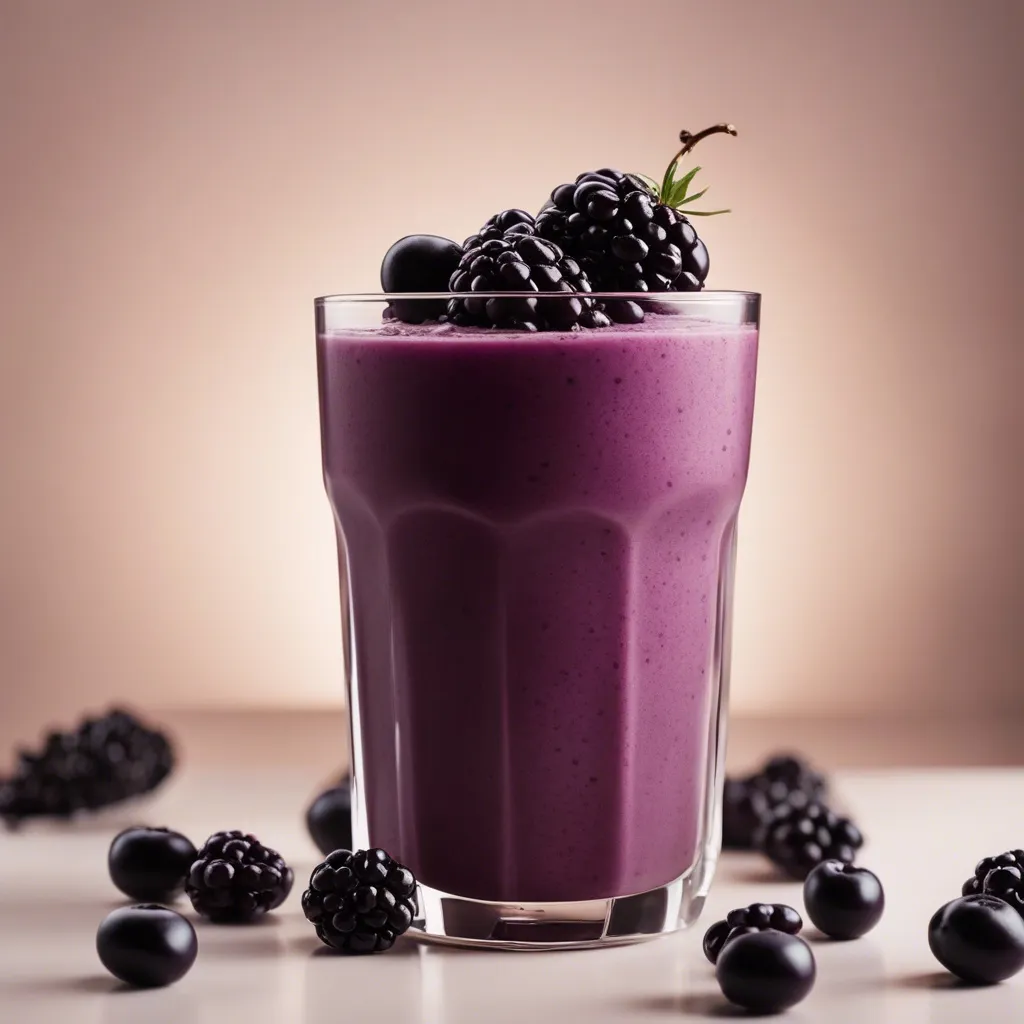 A dark purple Black Bean smoothie garnished and surrounded by blackberries and black beans