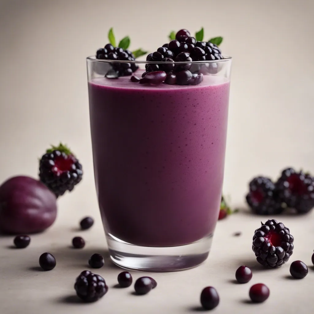 A delicious Black Bean smoothie garnished with black beans and blackberries 