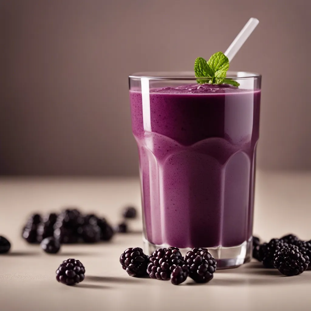 An enticing black bean smoothie surrounded by blackberries 