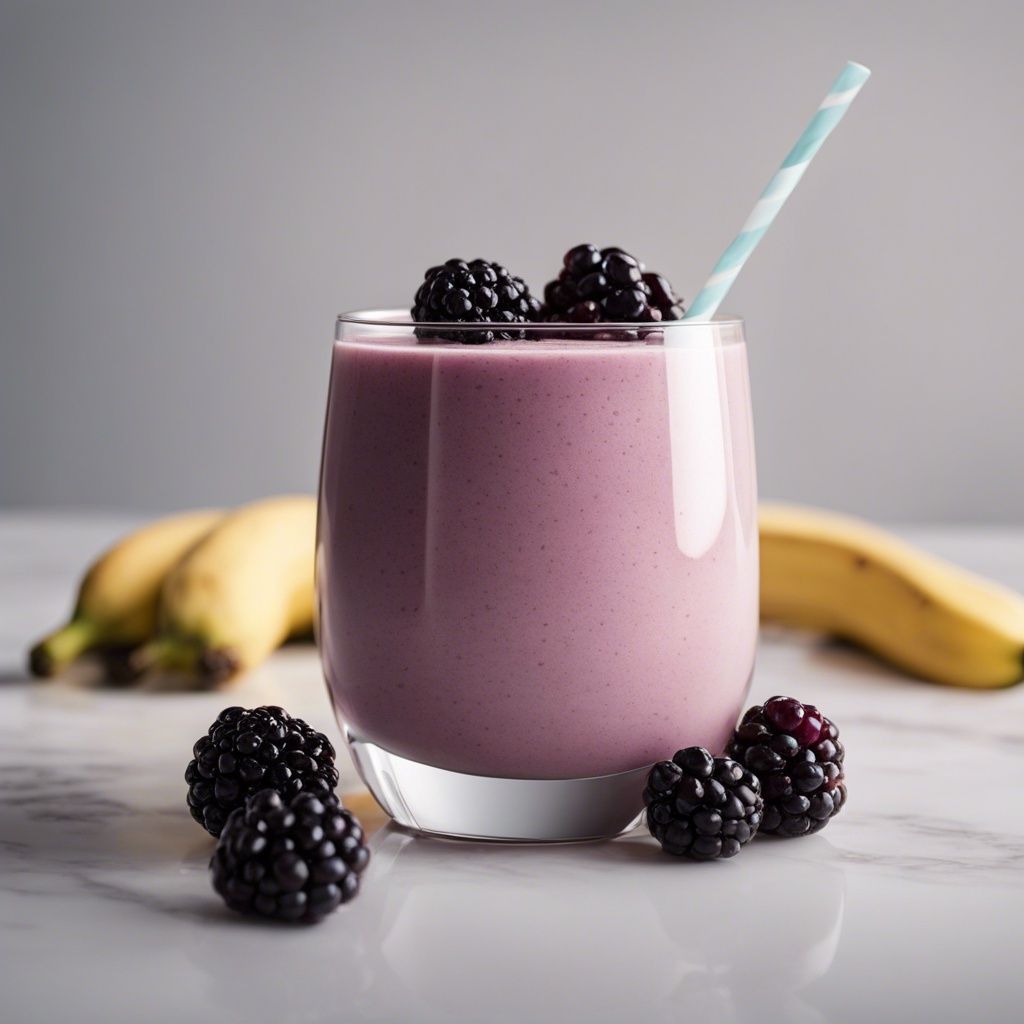 A creamy blackberry banana smoothie in a glass, topped with blackberries, with a light blue striped straw, and more blackberries and bananas around